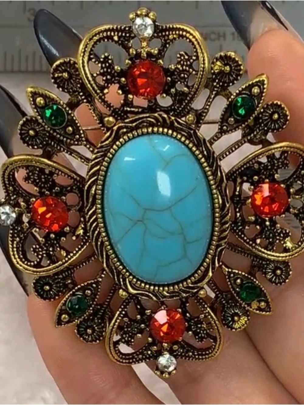 Vintage- Turquoise & Red Crystal Filigree Brooch